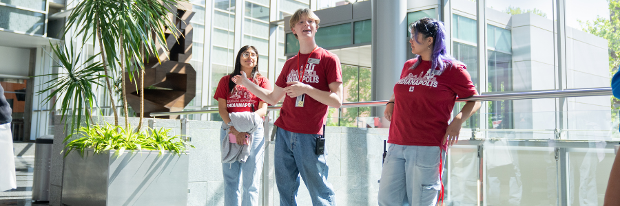 Student ambassadors giving a campus tour in the IU Indianapolis Campus Center atrium