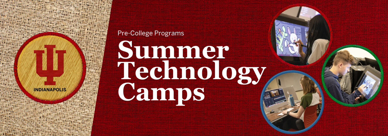 Luddy Summer Camps logo with small patch frames showing students participating in STEM summer camps